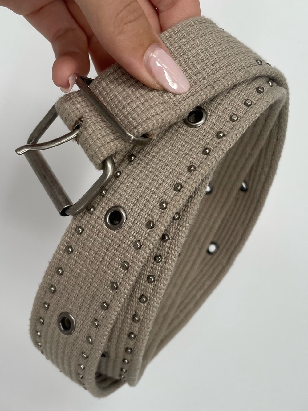 Y2K Gray / Tan Canvas Studded Belt Metal Accents
